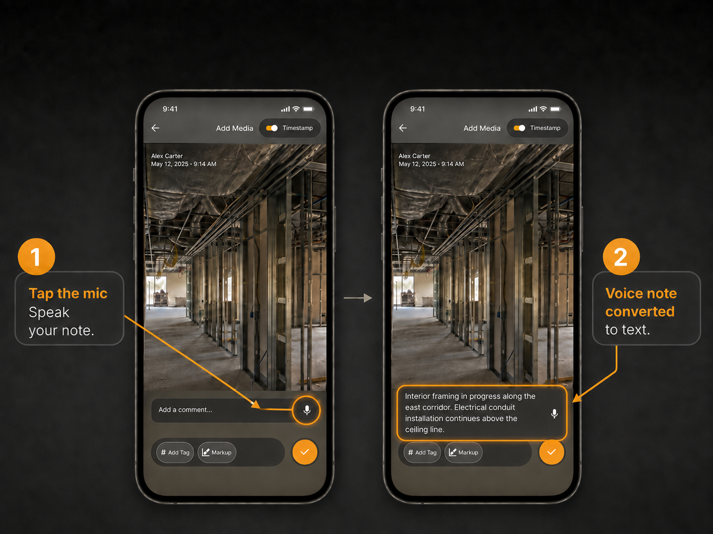 Filio mobile app showing a microphone input before recording and the resulting text description for a construction field note.