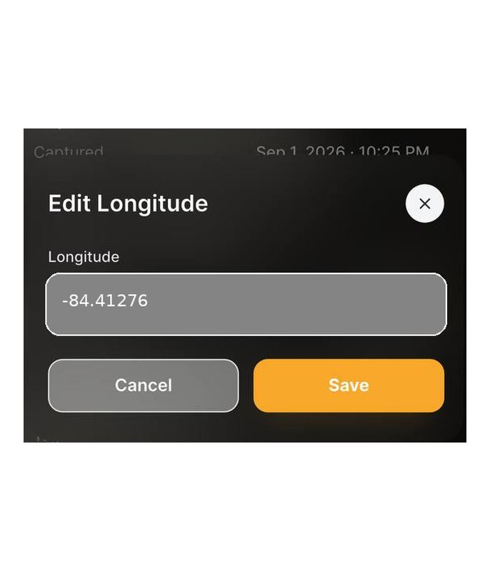 Filio mobile Edit Longitude dialog showing editable location metadata for a media record.