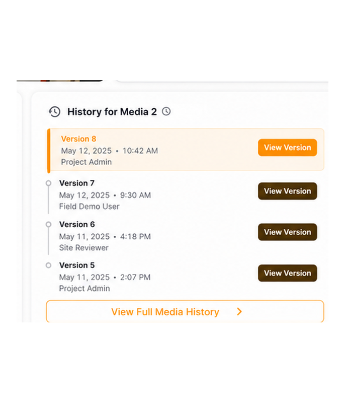 Filio Web App History panel showing previous versions, dates, and authors for one media record.