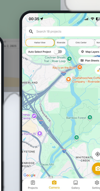 Filio mobile project-selection map showing project search, project tabs, map layers, and field navigation.