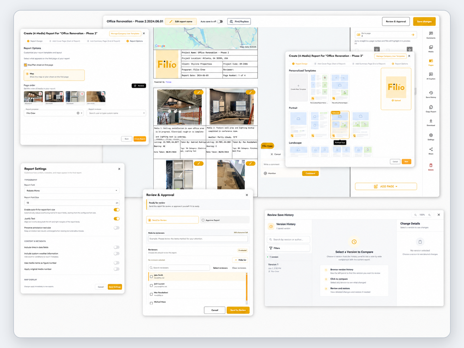 Filio report workflow showing personalized templates, report options, page order, report settings, reviewer selection, and saved-version history.
