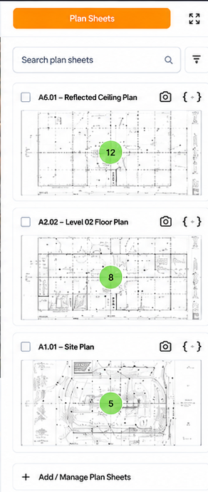 Filio Plan Sheets view showing searchable construction drawings and linked media counts.