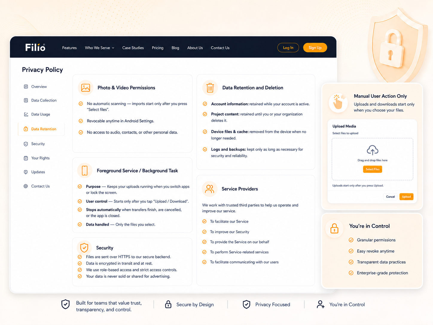 Filio privacy and data-governance visual showing photo and video permissions, data retention and deletion, background transfer controls, service providers, security practices, and user-controlled uploads.