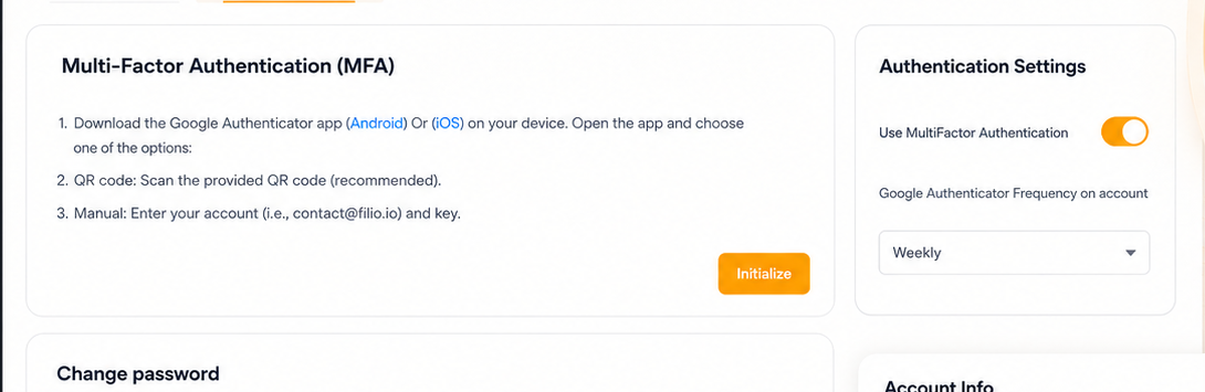 Filio account-security controls showing multi-factor authentication setup and authentication settings.