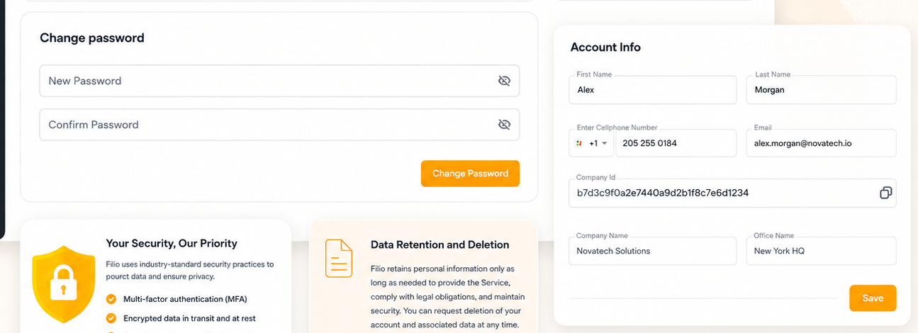 Filio account view showing password controls and account information.