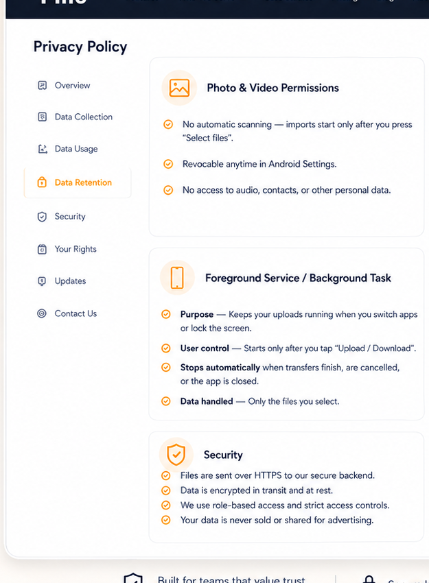 Filio privacy-policy visual showing photo and video permissions and related data-practice controls.