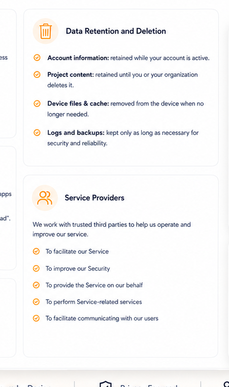 Filio data-governance visual showing data retention, deletion, service-provider, and security information.