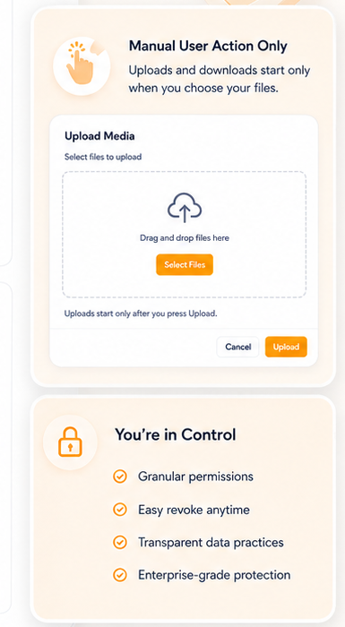 Filio upload visual showing manual user action and user-controlled file selection.