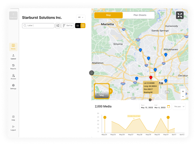 Filio project record connecting map location, field media, and project timeline